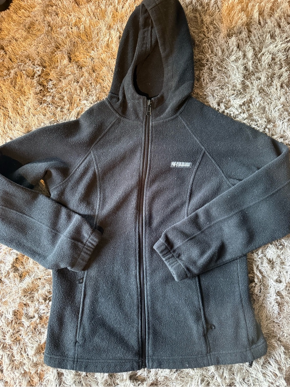 Black Hooded Fleece Jacket with Front Zip
